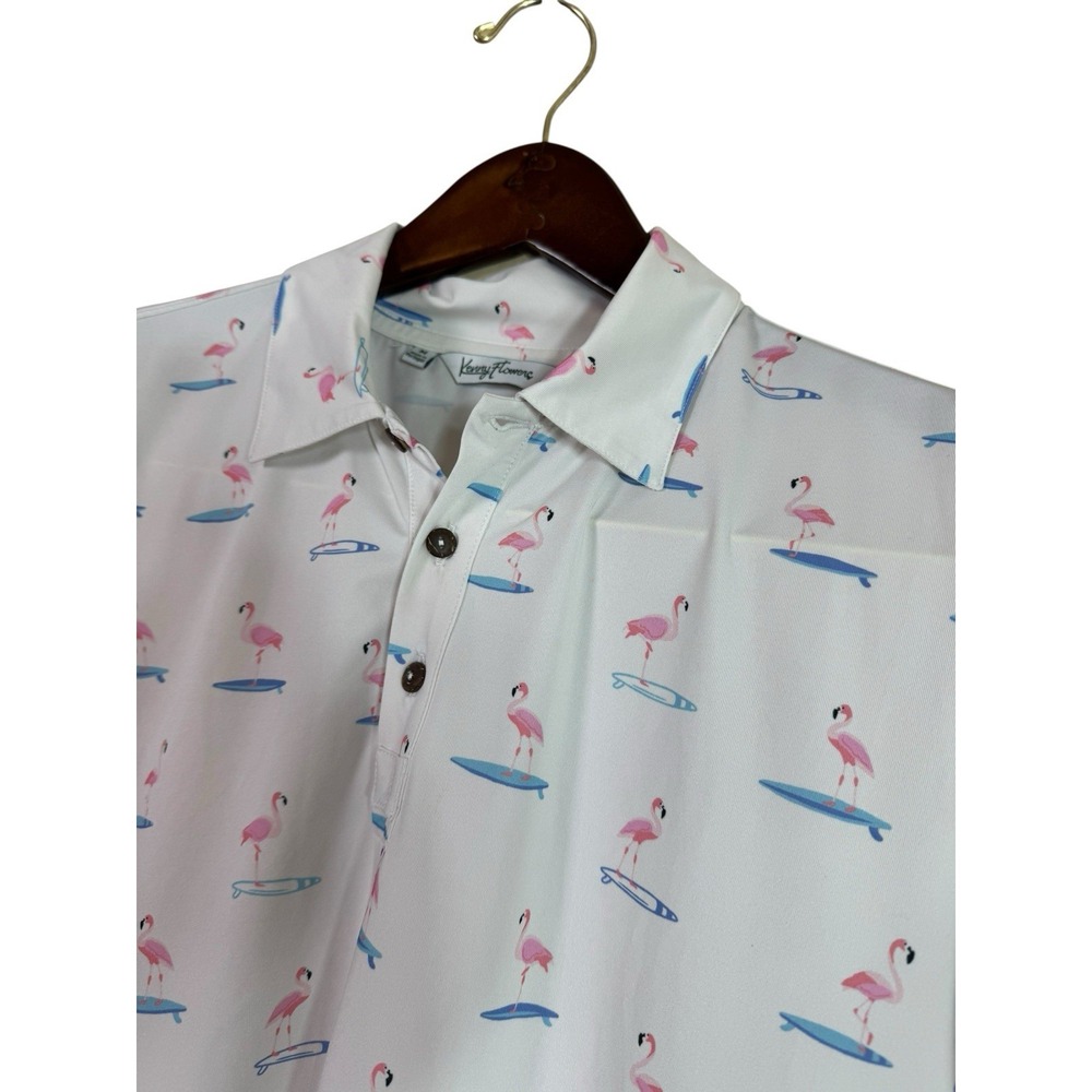Kenny Flowers"Surfing Flamingos" Golf Shirt.‎ Size Medium Stretch Performance - Picture 2 of 6
